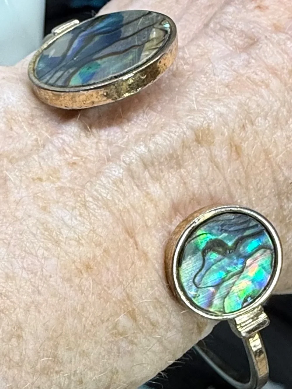 Abalone Shell Cuff Bracelet in Brushed Gold Tone. Delicate. Boho Chic